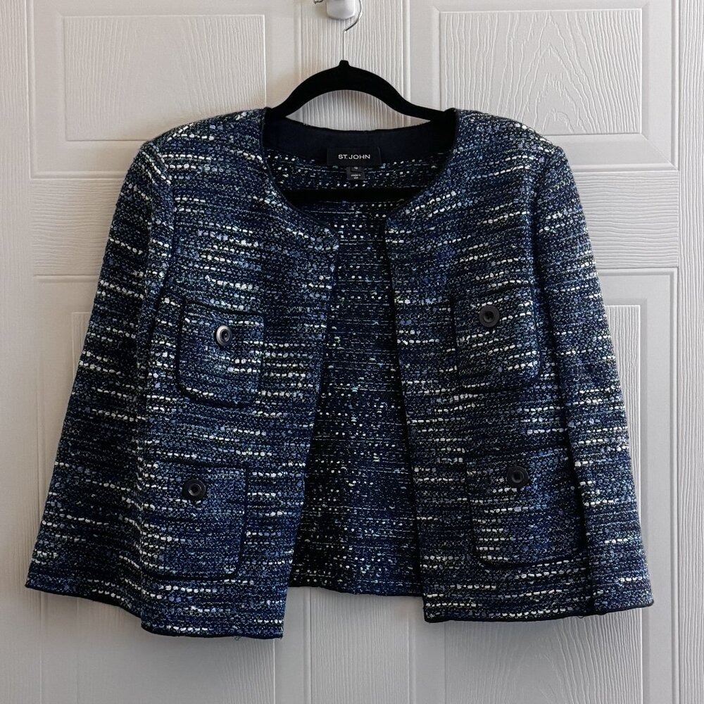 St. John Cropped Tweed Evening Jacket Sz 12 Blue, Teal, & Black 3/4 Sleeve
